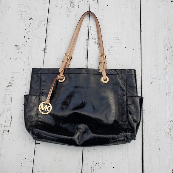 Michael Kors Leather Black With Brown Strap Gold Accent Purse Handbag - Picture 1 of 7